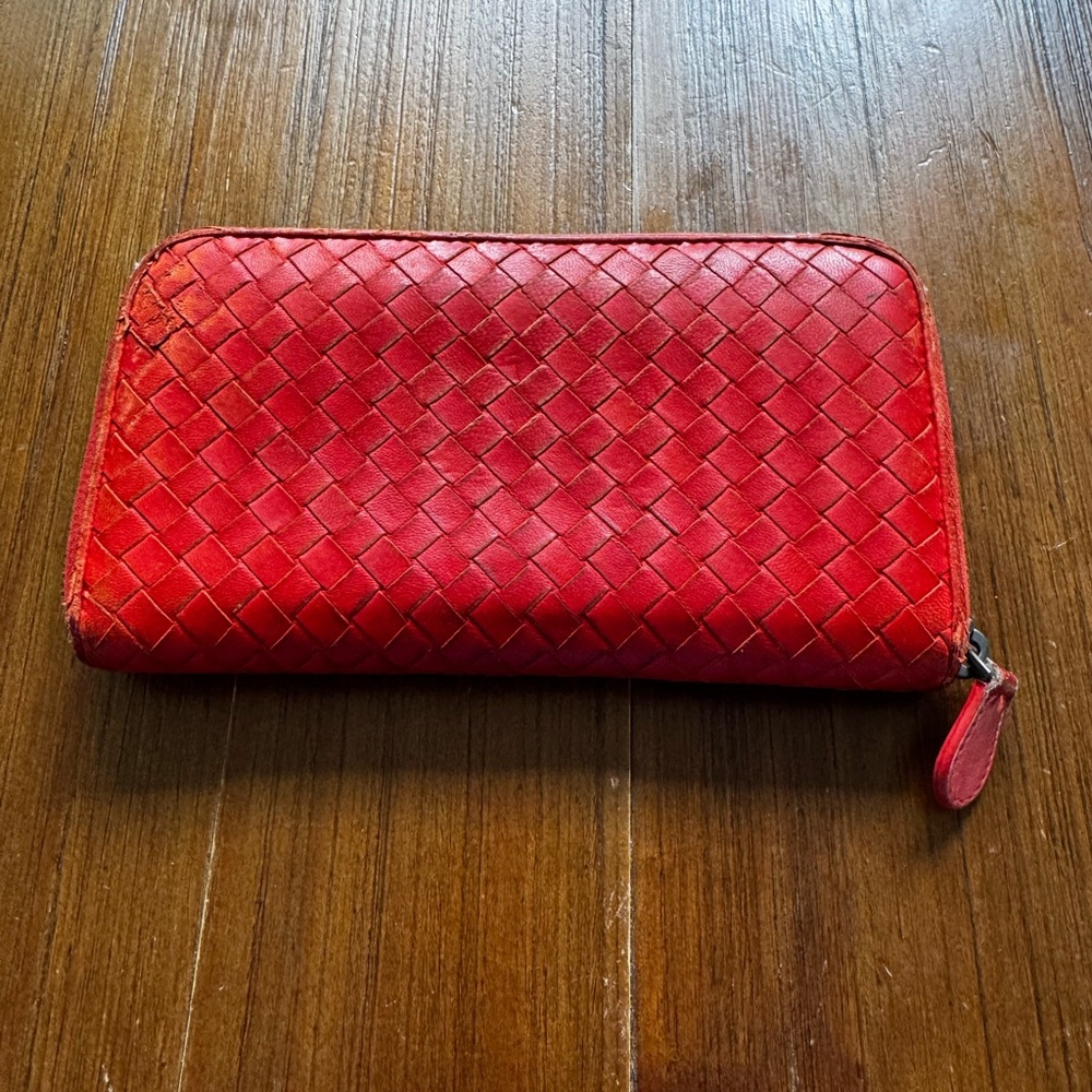 Bottega Veneta Red Woven Zip Around Leather Wallet